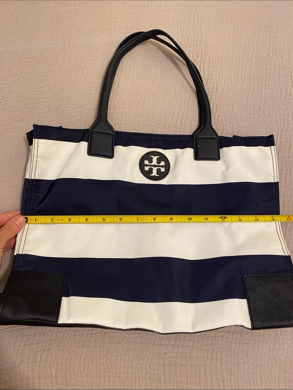 Tory Burch Navy and White Striped Canvas Tote with Logo